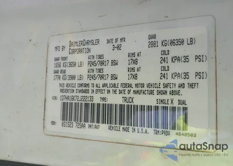 2002 Dodge Ram 1500 St from USA, damaged, VIN 1D7HA16K72J222133